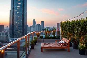 terrasse rooftop aménagée avec plantes et mobilier confortable