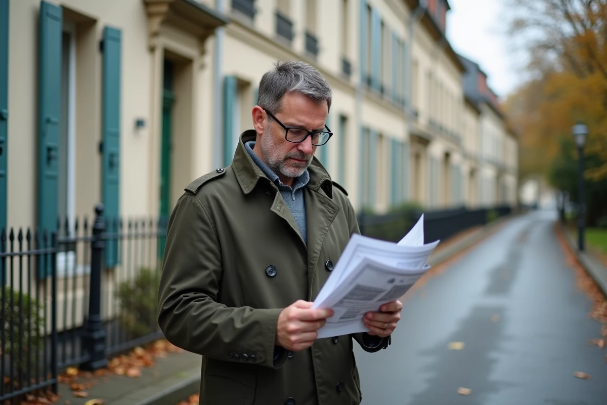 Acheteur potentiel étudiant des annonces immobilières dans une rue résidentielle de Beauvais