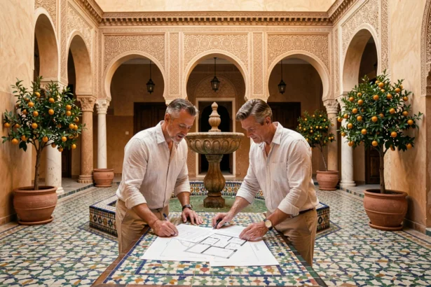 Couple d'acheteurs étrangers étudiant des documents immobiliers dans le patio d'un riad traditionnel de Marrakech avec fontaine en zellige et arches en stuc