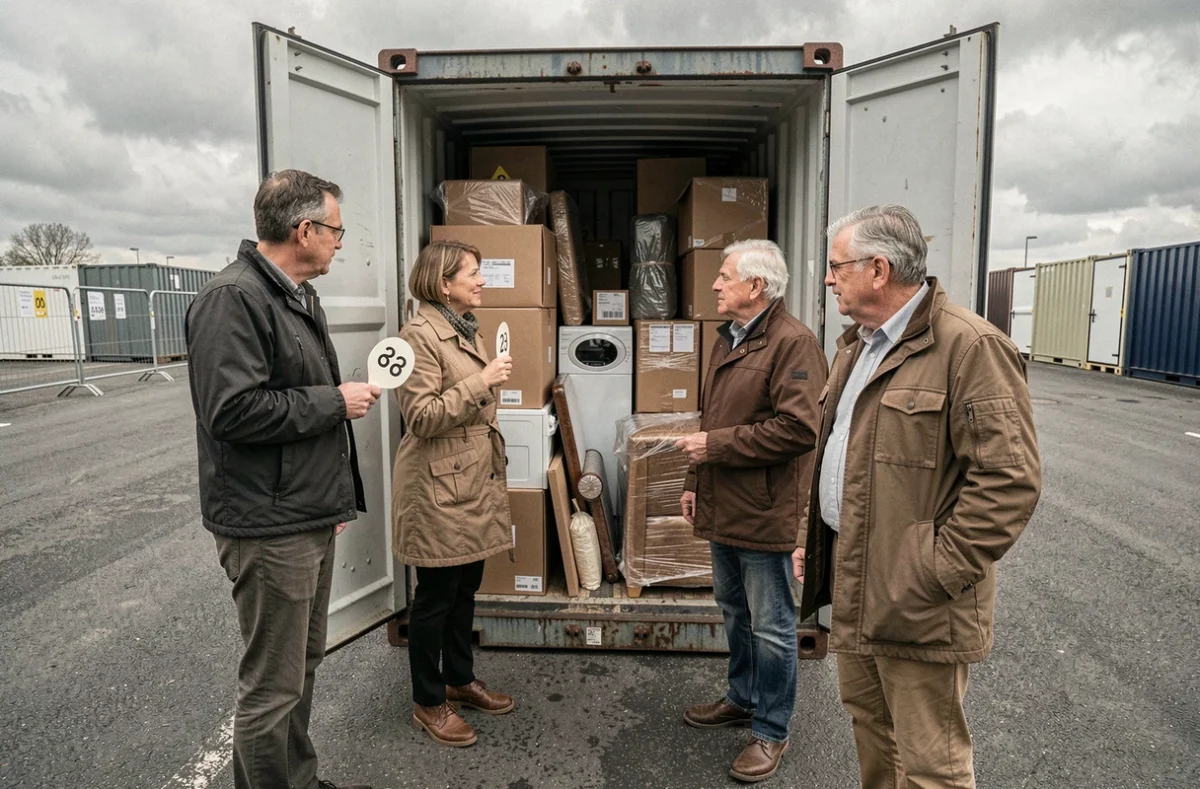 Groupe d'acheteurs examinant le contenu d'un box abandonné lors d'une vente aux enchères sur place en France