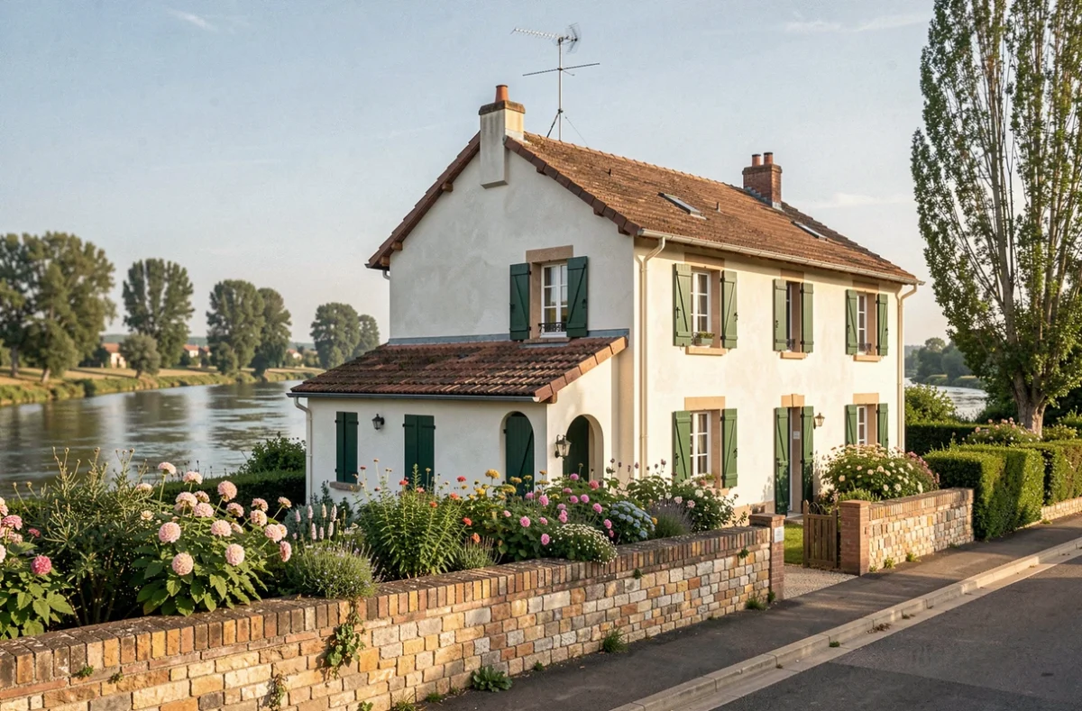 Maison individuelle construite par Acro Loire en bord de Loire avec façade enduite, volets verts et jardin fleuri