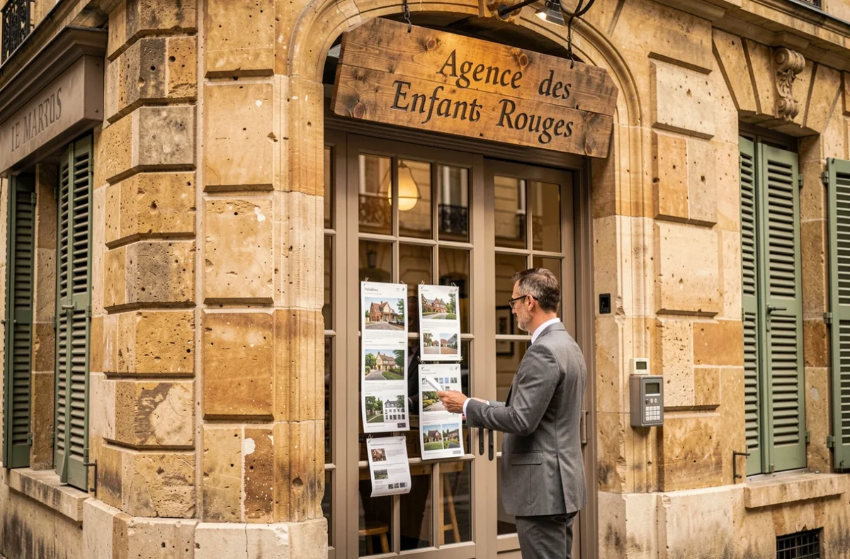Devanture de l'Agence des Enfants Rouges dans le Marais avec un agent consultant les annonces en vitrine