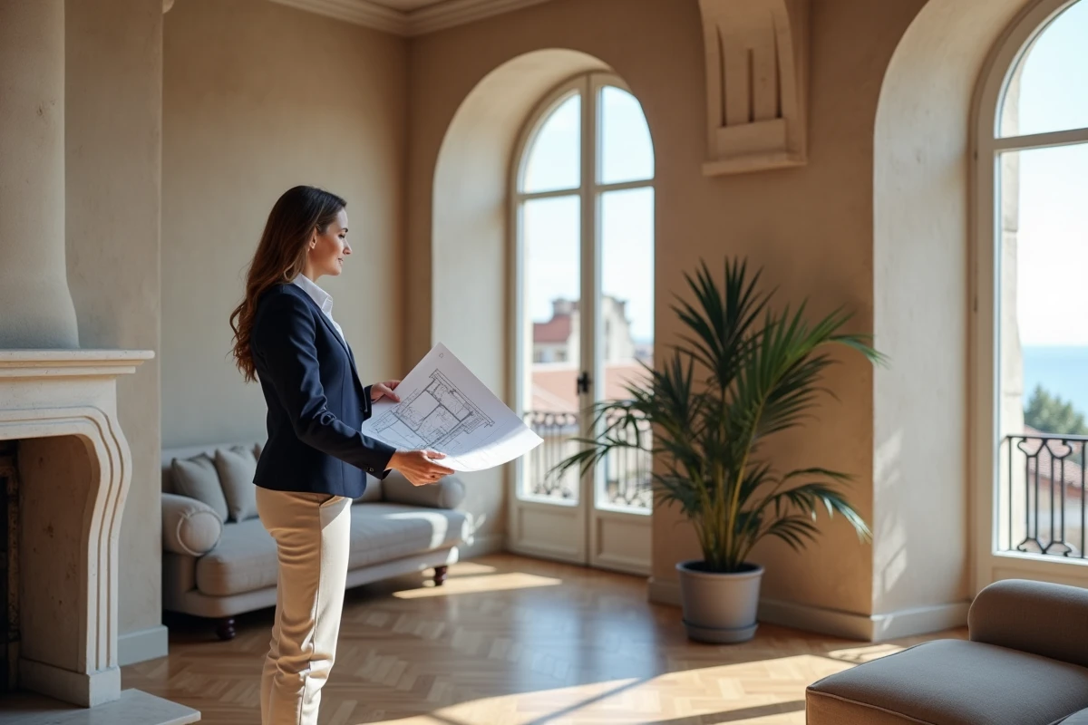 Agente immobilière présentant un appartement rénové de standing dans un immeuble ancien de Marseille