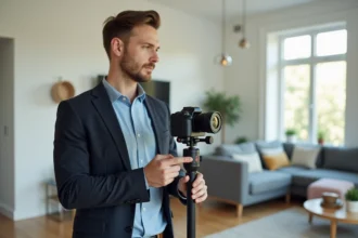 Agent immobilier tenant une caméra 360 degrés dans un salon moderne pour réaliser une visite virtuelle professionnelle