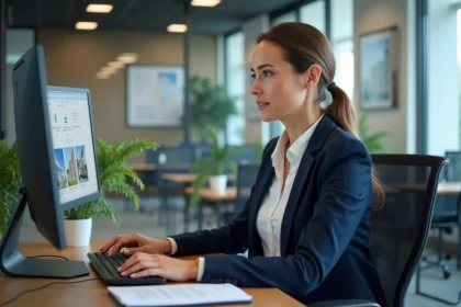 Agent immobilière comparant deux logiciels de gestion de mandats sur ordinateur dans une agence moderne