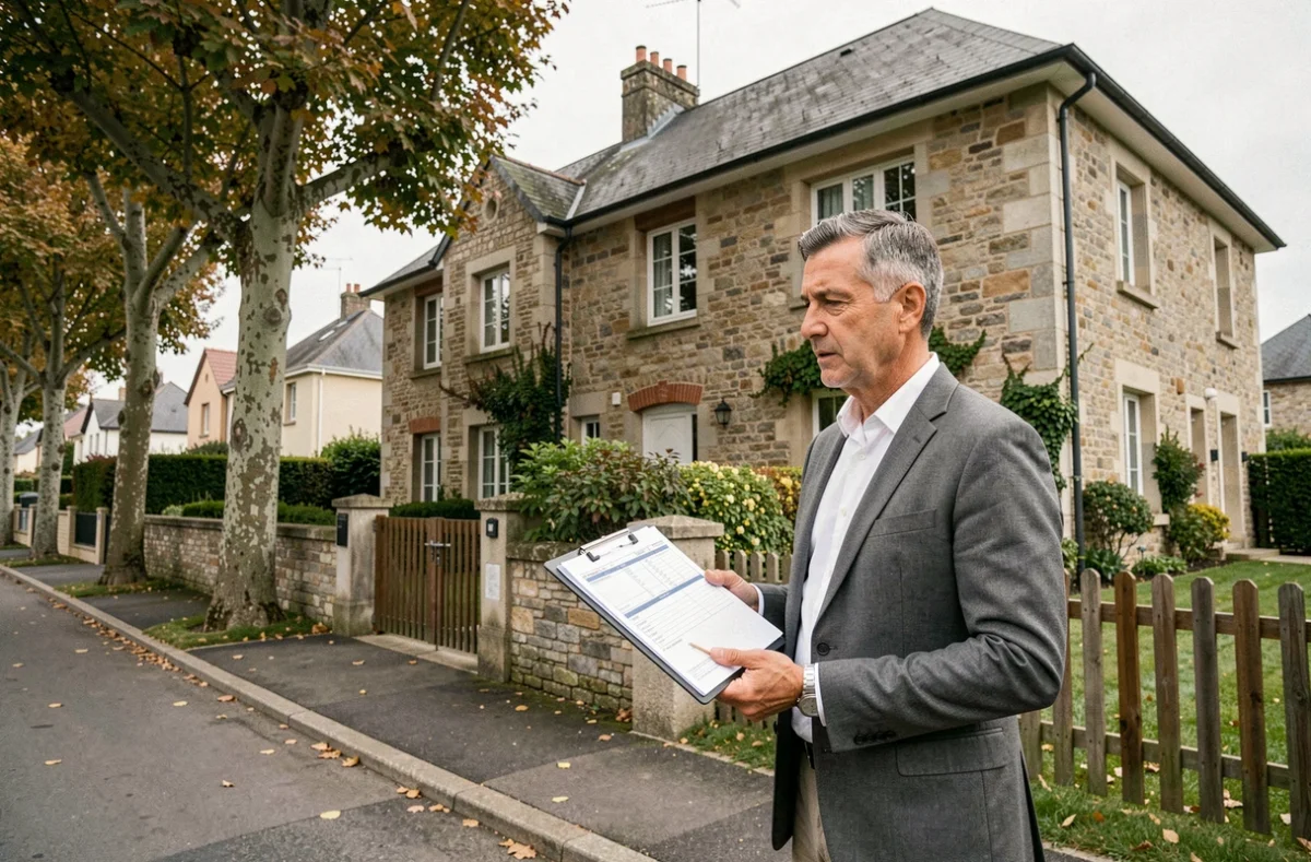 Agent immobilier masculin estimant la valeur d'une maison en pierre avec jardin dans une rue résidentielle française