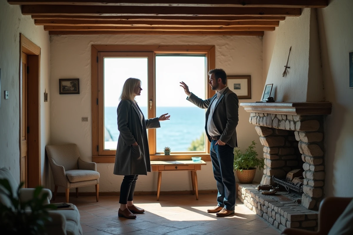 Agent immobilier montrant une fenêtre avec vue mer partielle à un acheteur inspectant les défauts d'une maison normande