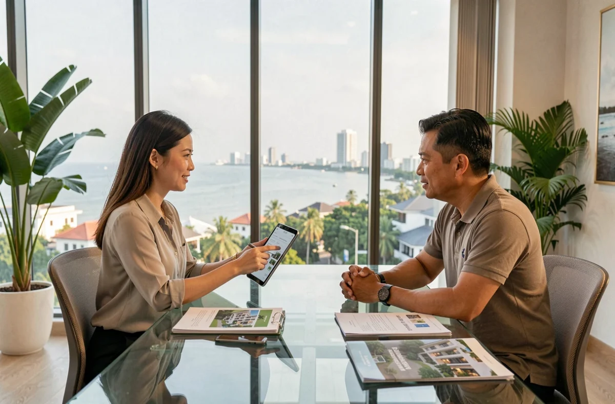Agent immobilier thaïlandais présentant des biens à un investisseur étranger dans une agence immobilière côtière en Thaïlande