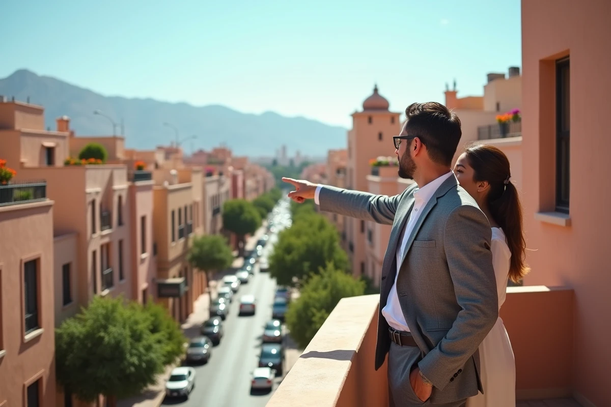 Agent immobilier présentant un appartement à vendre dans le quartier Guéliz de Marrakech avec vue sur avenue