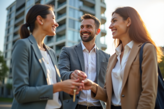 Agent immobilier souriant remettant des clés à un jeune couple devant un immeuble moderne