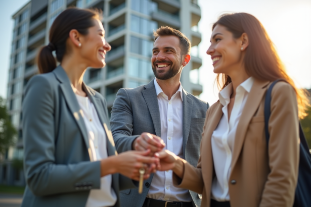 Agent immobilier souriant remettant des clés à un jeune couple devant un immeuble moderne