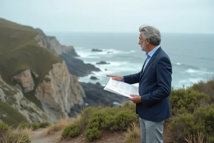 Agent immobilier tenant des documents devant un terrain en bord de mer soumis à la loi littoral