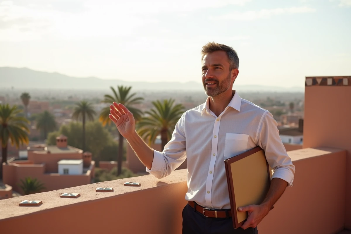 Agent immobilier présentant une villa à vendre sur une terrasse avec vue panoramique sur Marrakech