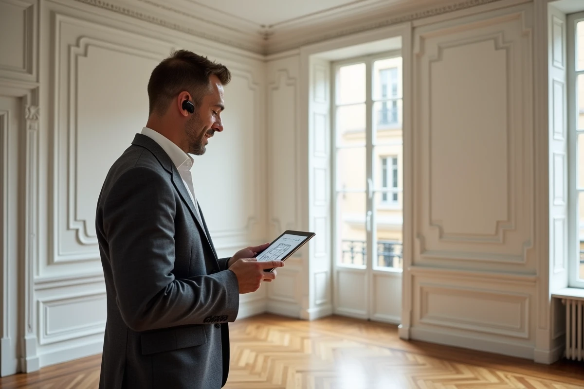 Agent immobilier à Aix-en-Provence effectuant une visite virtuelle d'un appartement vide pour le compte d'un propriétaire expatrié