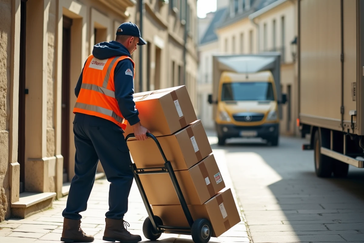 Agent de déménagement poussant une pile de cartons en extérieur