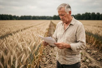 Agriculteur âgé tenant un document légal au bord d'un champ de blé cultivé, illustrant la récupération de terres agricoles louées