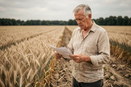 Agriculteur âgé tenant un document légal au bord d'un champ de blé cultivé, illustrant la récupération de terres agricoles louées