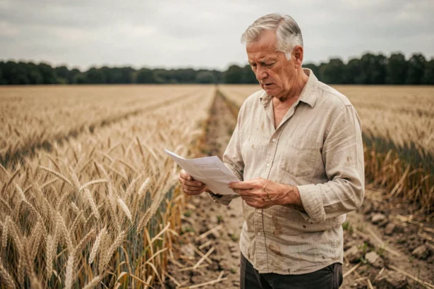 Agriculteur âgé tenant un document légal au bord d'un champ de blé cultivé, illustrant la récupération de terres agricoles louées