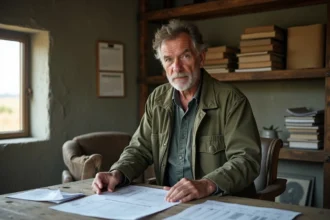 Agriculteur français examinant des plans de construction et des documents financiers pour un hangar agricole dans un bureau de ferme rustique
