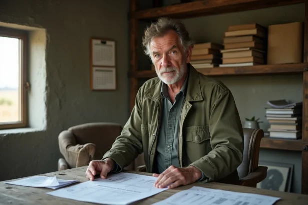 Agriculteur français examinant des plans de construction et des documents financiers pour un hangar agricole dans un bureau de ferme rustique