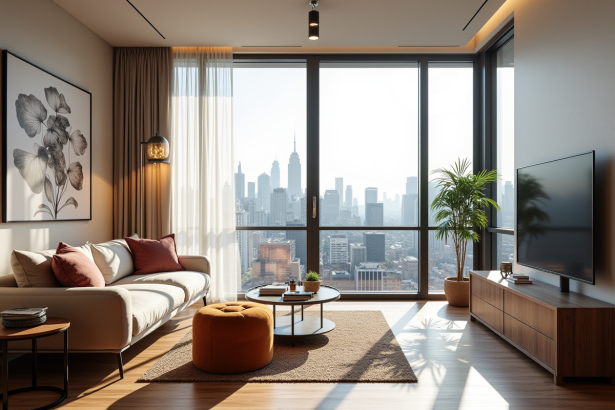Intérieur d'un studio moderne lumineux avec vue urbaine