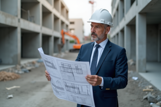 Architecte homme en costume sur un chantier en construction