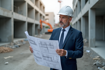 Architecte homme en costume sur un chantier en construction