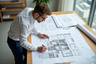 Architecte homme examinant un plan de bâtiment dans un bureau lumineux