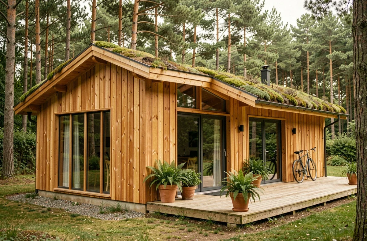 Maison à ossature bois construite par Artibois Constructeur dans la Loire avec bardage Douglas et toiture végétalisée