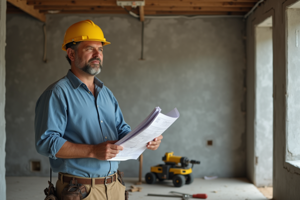 Artisan homme en chantier avec plans et casque jaune