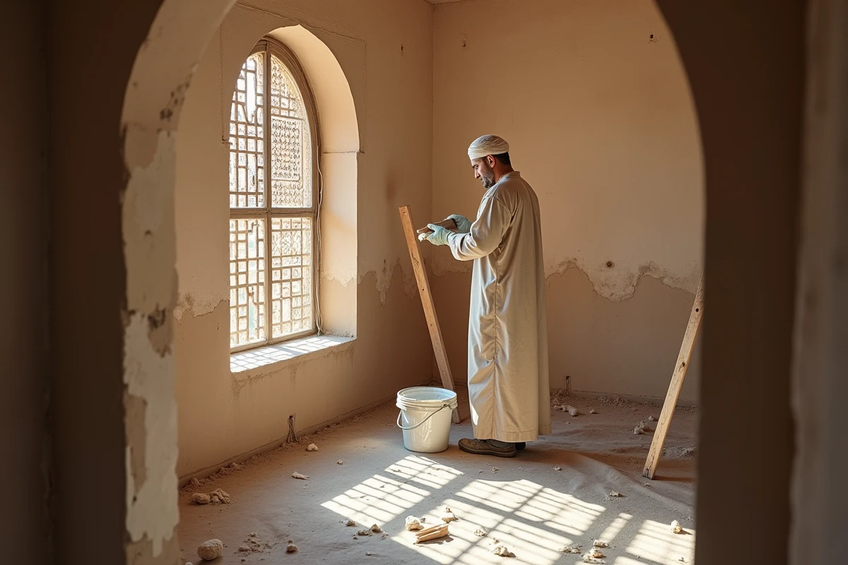 Artisan marocain en train de restaurer un enduit tadelakt dans un riad en rénovation à Marrakech, travaux de plâtrerie traditionnelle