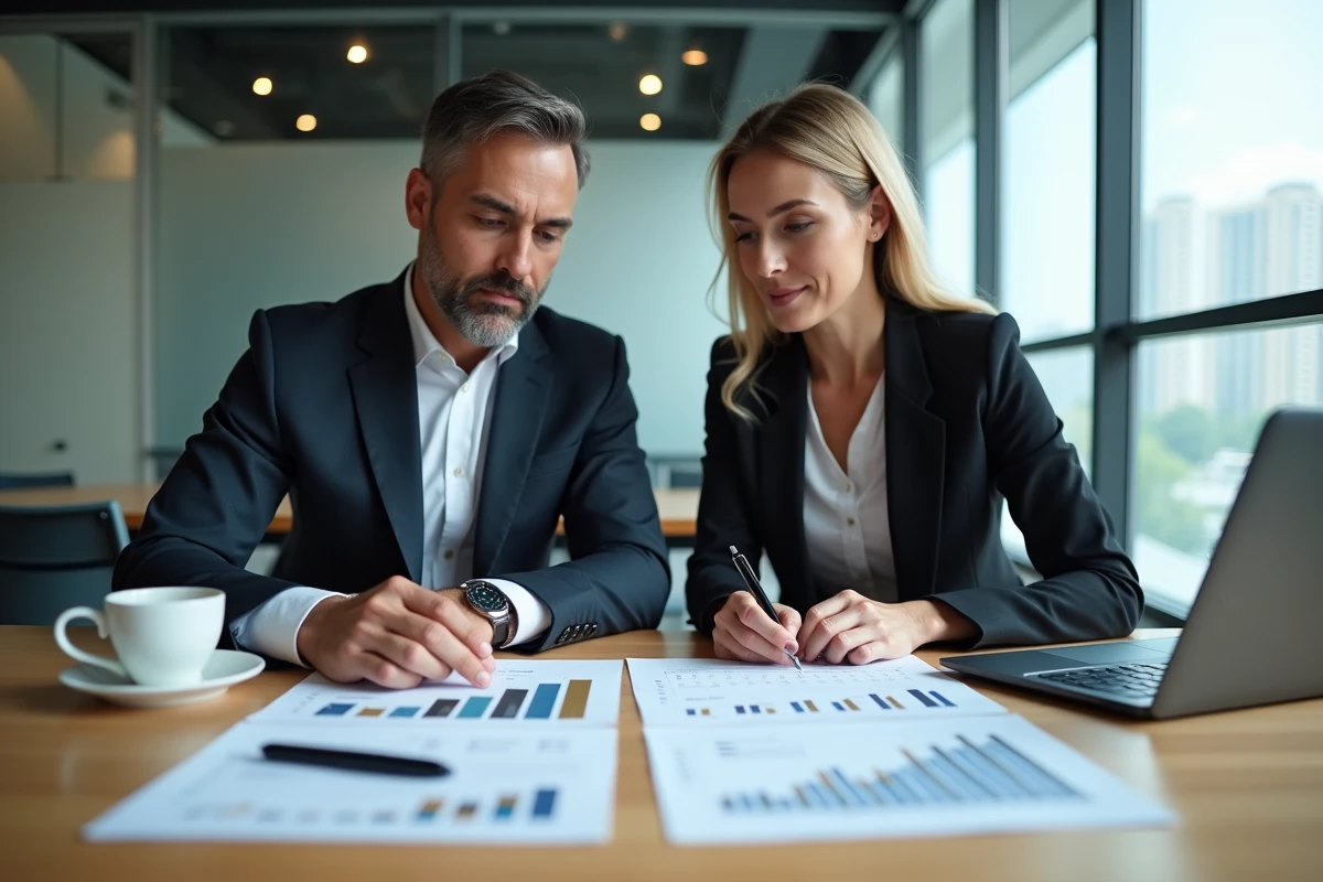 Deux associés étudiant un rapport d'investissement immobilier avec indicateurs IDR et projections de cash-flow