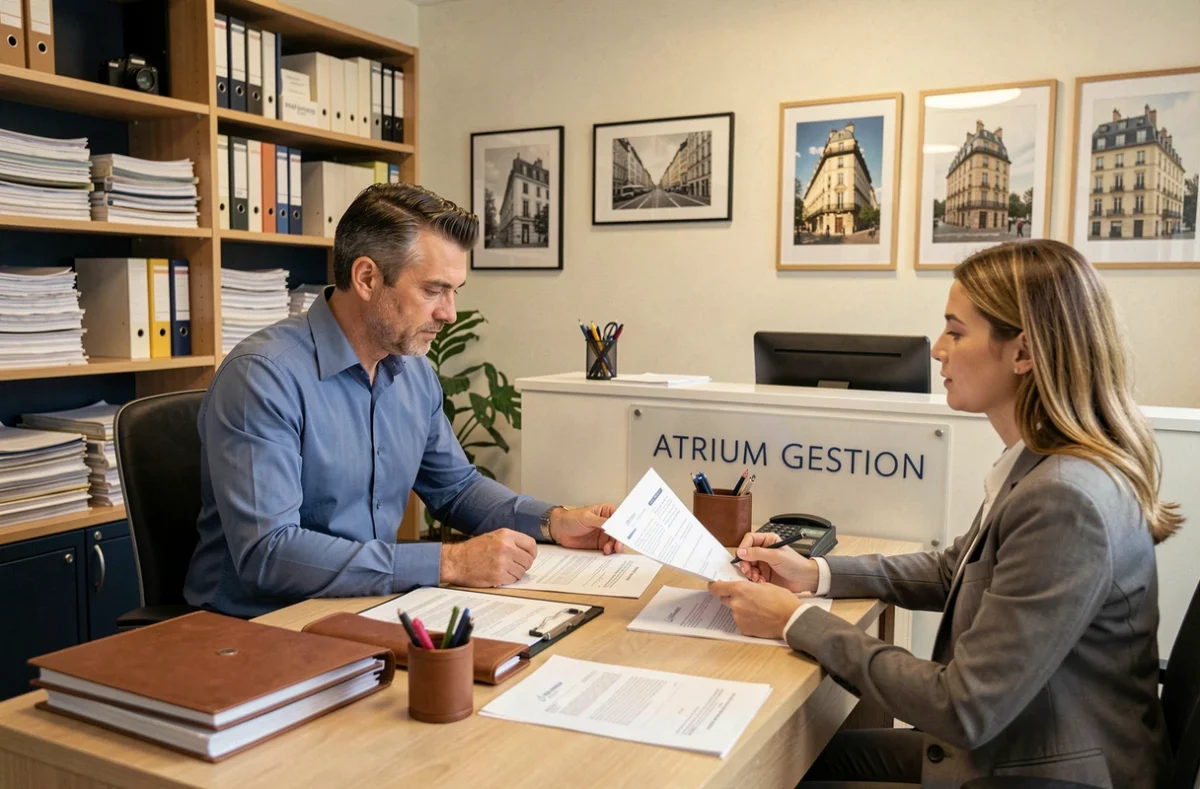 Gestionnaire d'Atrium Gestion examinant un contrat de gestion locative avec une propriétaire dans un bureau parisien organisé