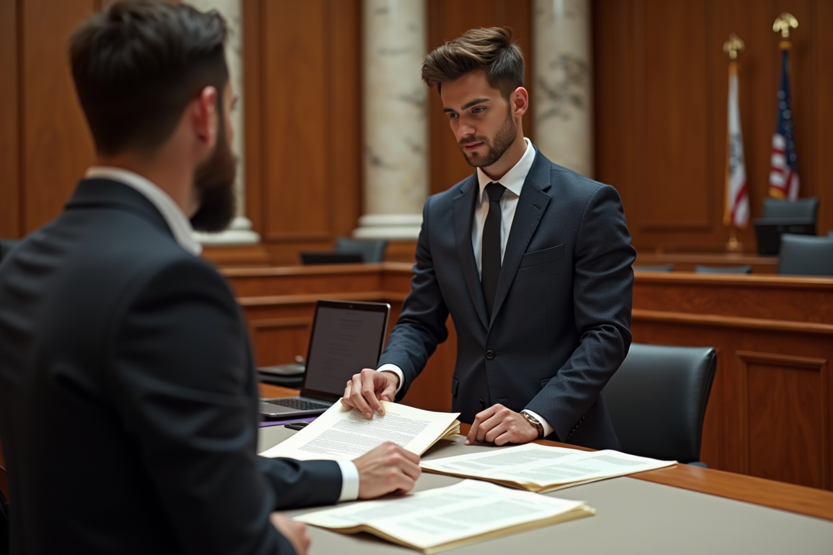 Jeune avocat expliquant un contrat dans un tribunal