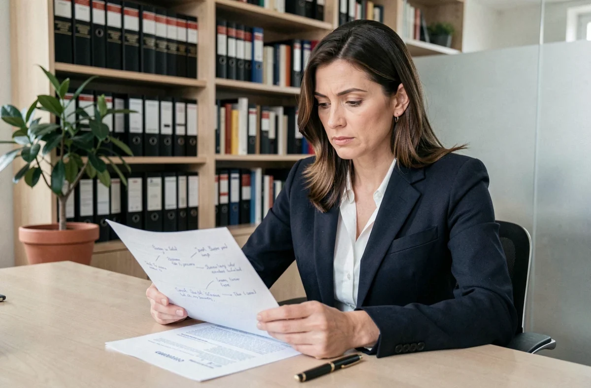 Avocate examinant un contrat de bail annoté dans un cabinet juridique