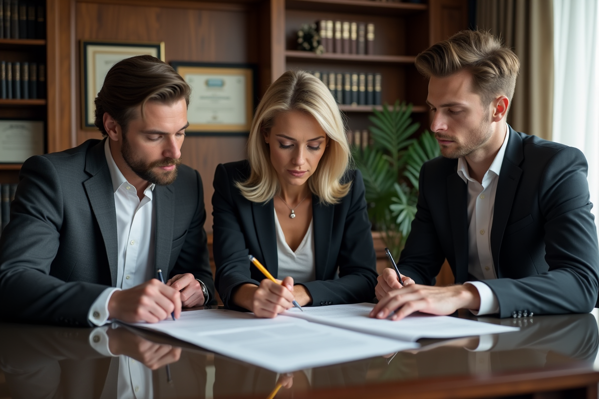Avocate et jeune couple examinant un document juridique