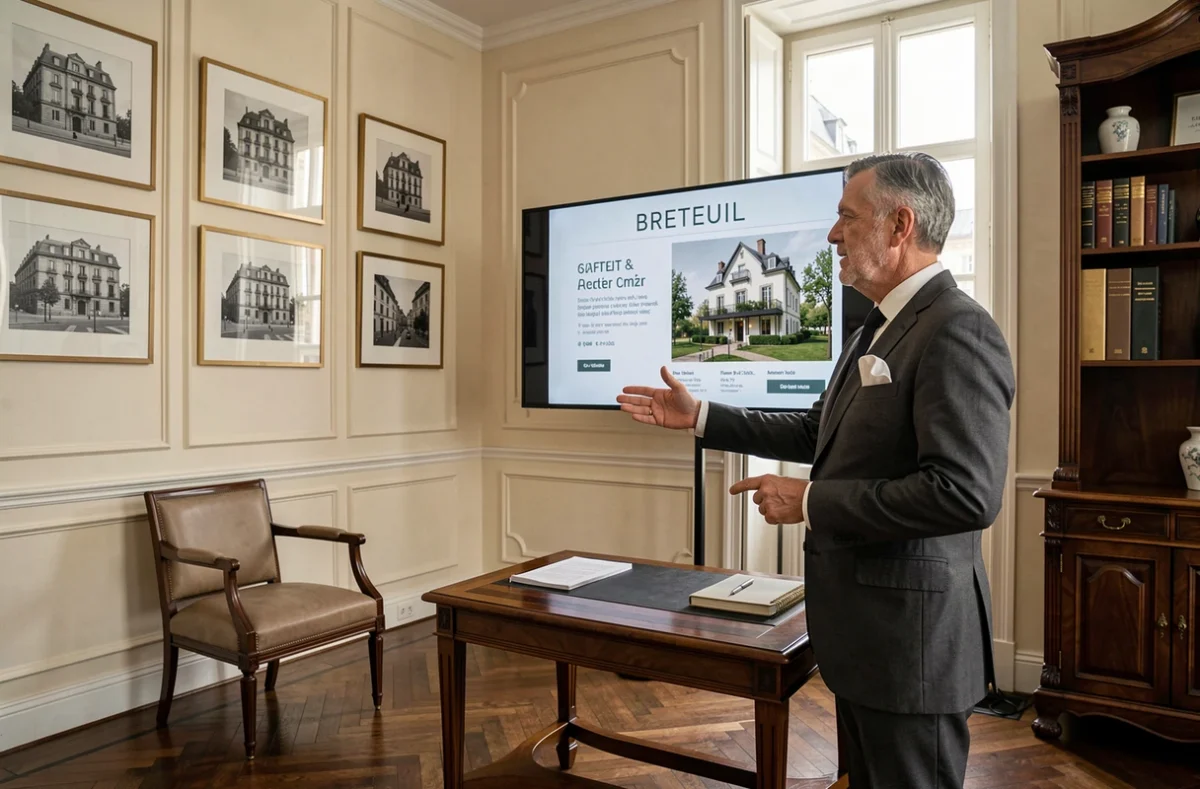 Agent de l'agence Breteuil présentant un bien immobilier de prestige dans un bureau élégant au décor classique parisien