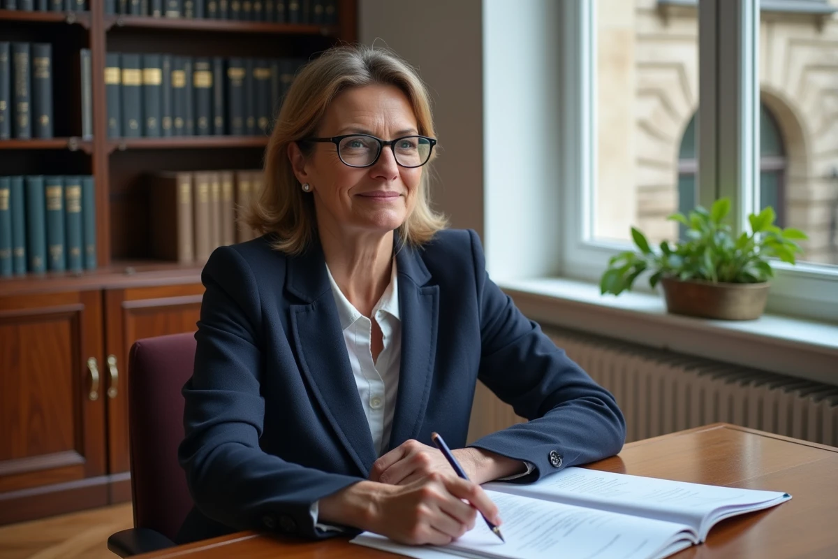 Professionnelle consultant des documents légaux et coordonnées dans un bureau administratif parisien