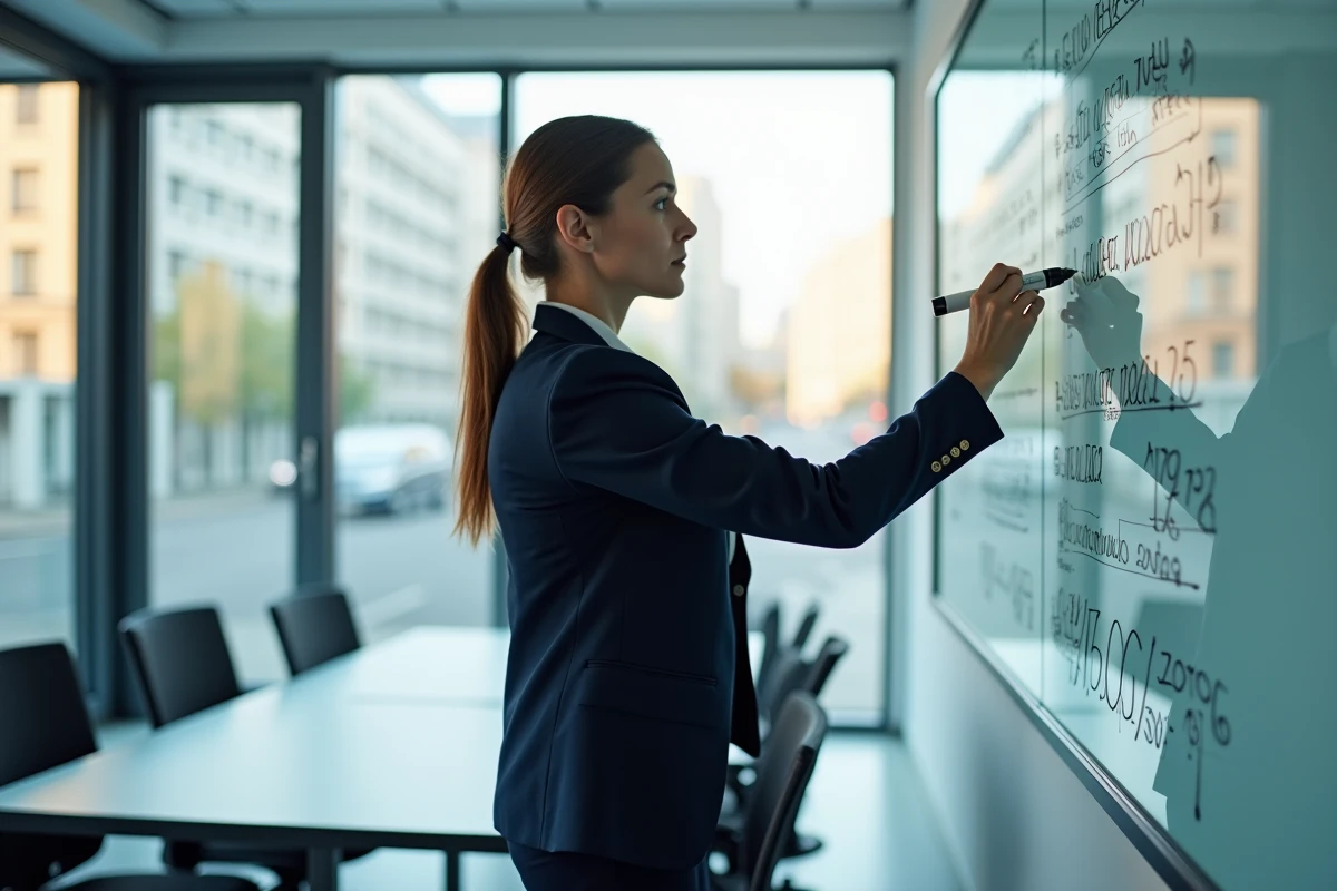 Professionnelle de l'immobilier présentant des calculs de TVA sur un tableau blanc dans une salle de réunion d'agence