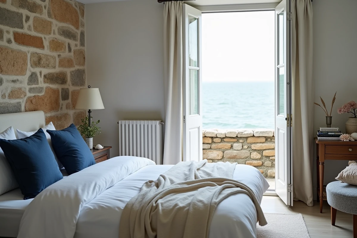 Chambre décorée avec soin dans un gîte normand en location saisonnière, avec vue sur le littoral par une fenêtre à volets