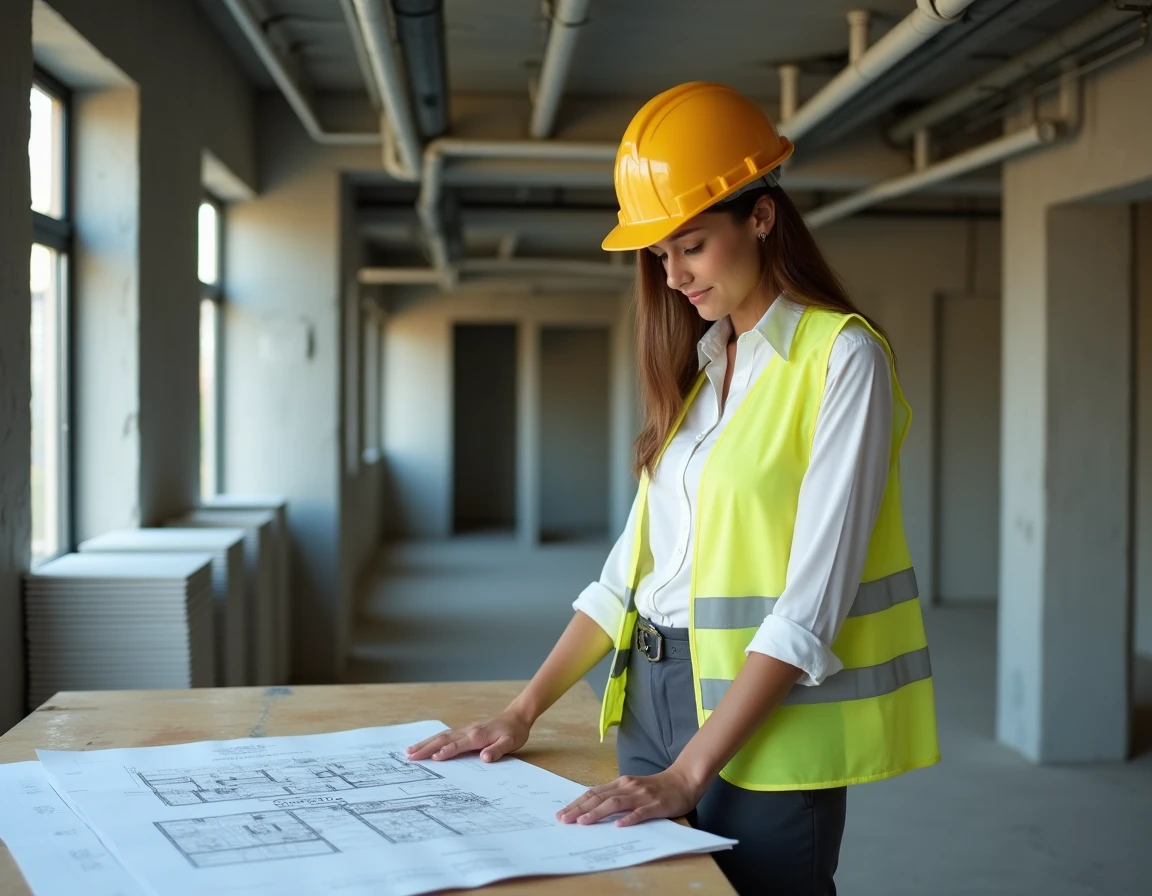 Cheffe de chantier consultant des plans architecturaux dans un appartement en rénovation avant le début des travaux