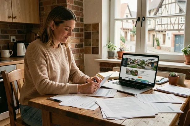 Femme cherchant une maison à louer en Seine-Maritime sans agence, avec des annonces imprimées et un ordinateur portable sur une table en bois