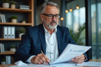 Homme comptable en costume bleu examine un rapport de depreciation