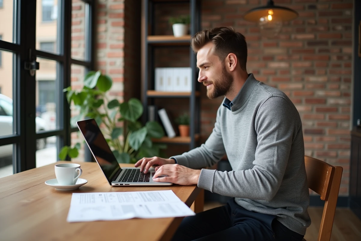 Conseiller immobilier indépendant utilisant un extranet immobilier sur ordinateur portable depuis un bureau à domicile