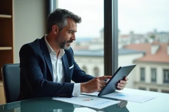 Conseiller immobilier analysant des documents d'investissement dans un bureau moderne à Lyon avec vue sur la Presqu'île