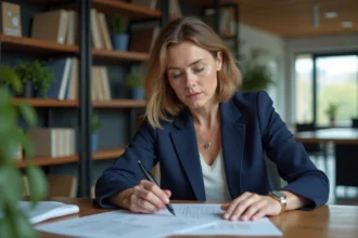 Conseillère immobilière vérifiant des documents relatifs aux plafonds de ressources loi Pinel dans une agence moderne