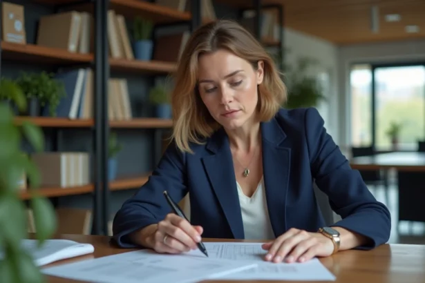 Conseillère immobilière vérifiant des documents relatifs aux plafonds de ressources loi Pinel dans une agence moderne