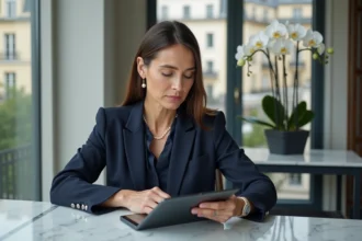 Conseillère immobilière de prestige consultant une estimation en ligne sur tablette dans une agence haut de gamme