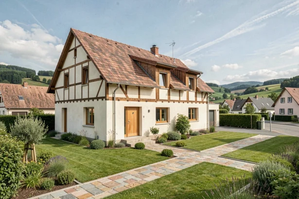 Vue large d'une maison individuelle neuve en Alsace dans le Haut-Rhin avec jardin paysagé et collines en arrière-plan