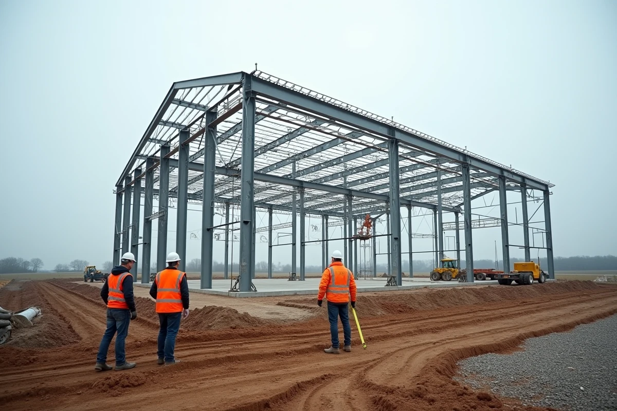 Construction d'un grand hangar agricole métallique en milieu rural français avec charpente métallique exposée et ouvriers sur chantier